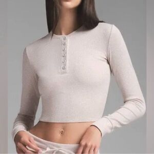 SKIMS Ribbed Cropped Henley Top - oatmeal Heather